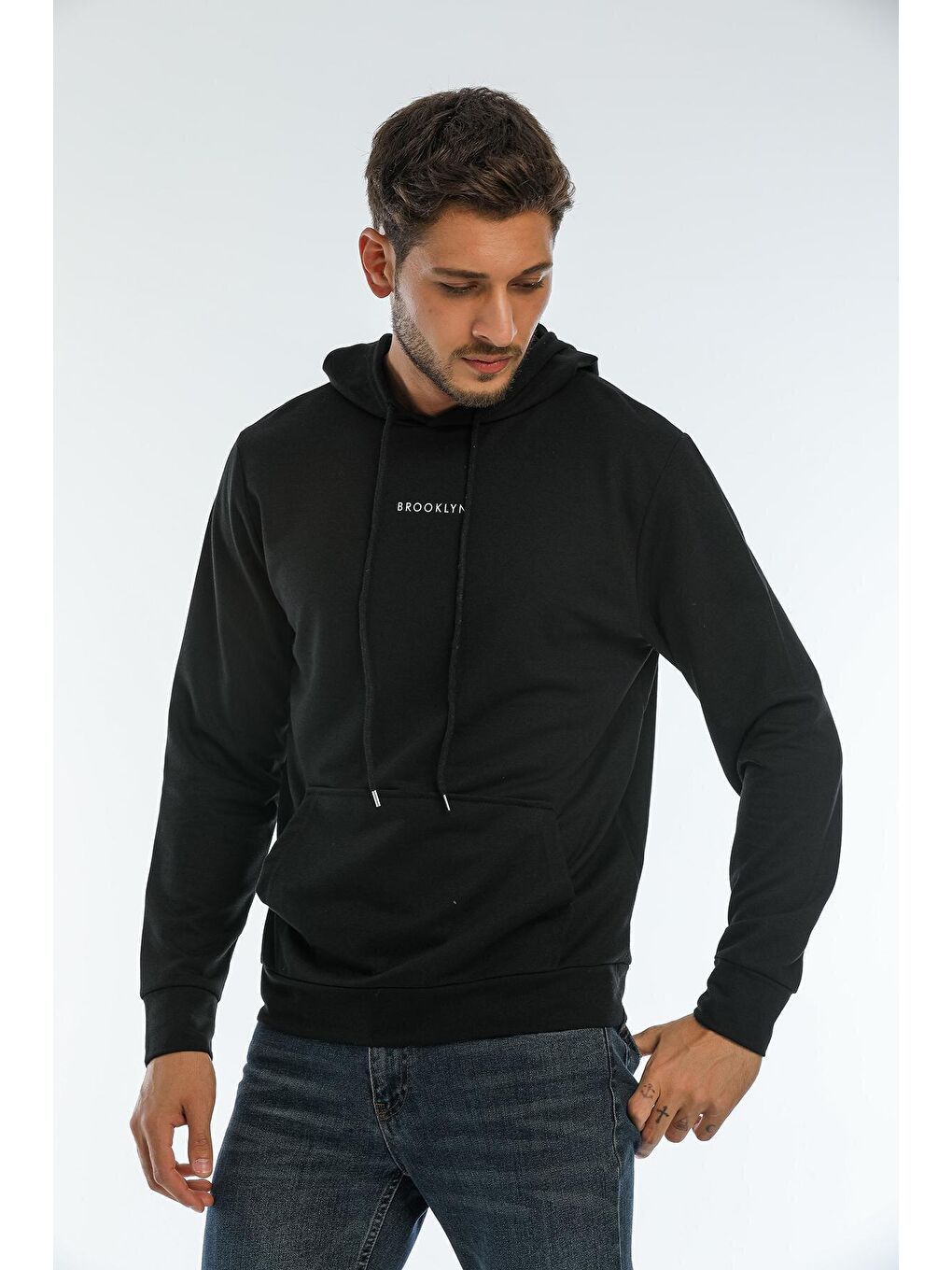 Süperlife Siyah Erkek Kapşonlu Regular Fit Brooklyn Baskılı İnce Sweatshirt SPR22SW161 - 1