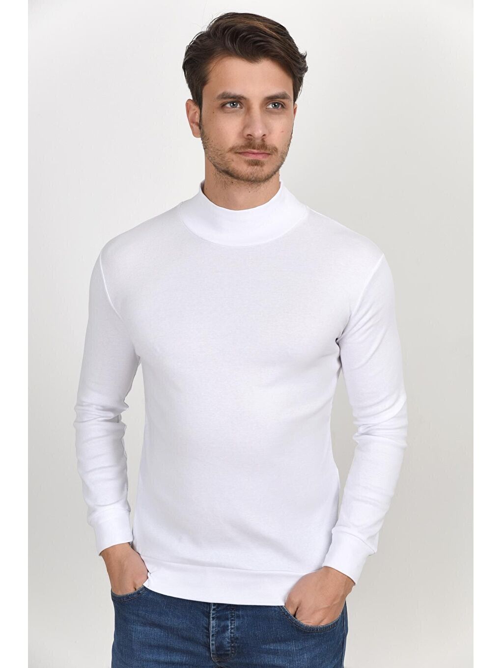 Beyaz Yarım Balıkcı Uzun Kollu Dar Kalıp İnce Erkek Sweatshirt SPR 2019K20-1