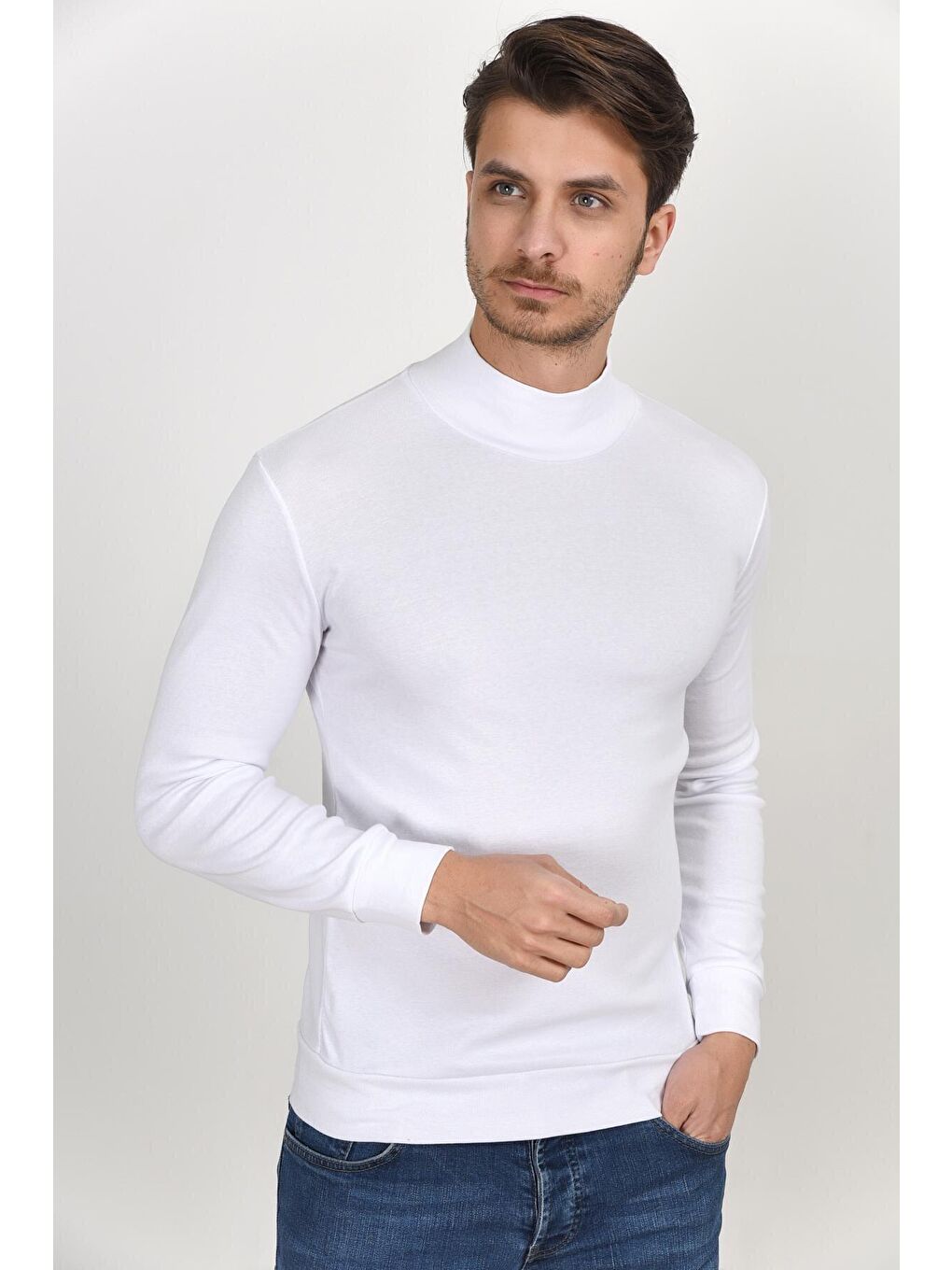 Beyaz Yarım Balıkcı Uzun Kollu Dar Kalıp İnce Erkek Sweatshirt SPR 2019K20-2