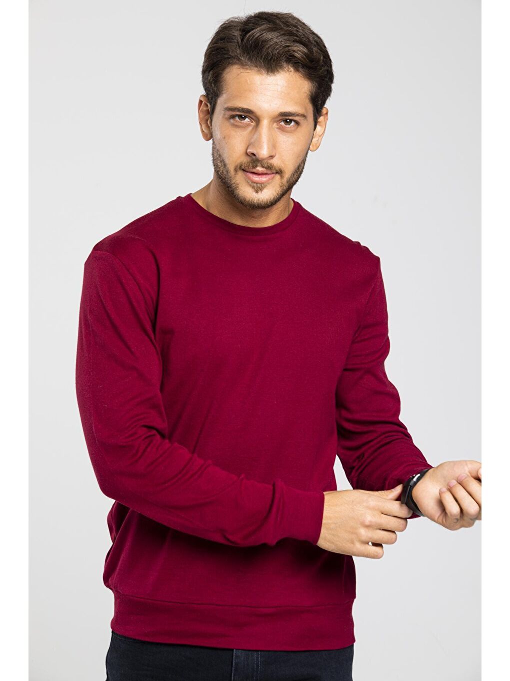 Süperlife Bordo Erkek Bisiklet Yaka Slim Fit İnce Sweatshirt SPR 20K17