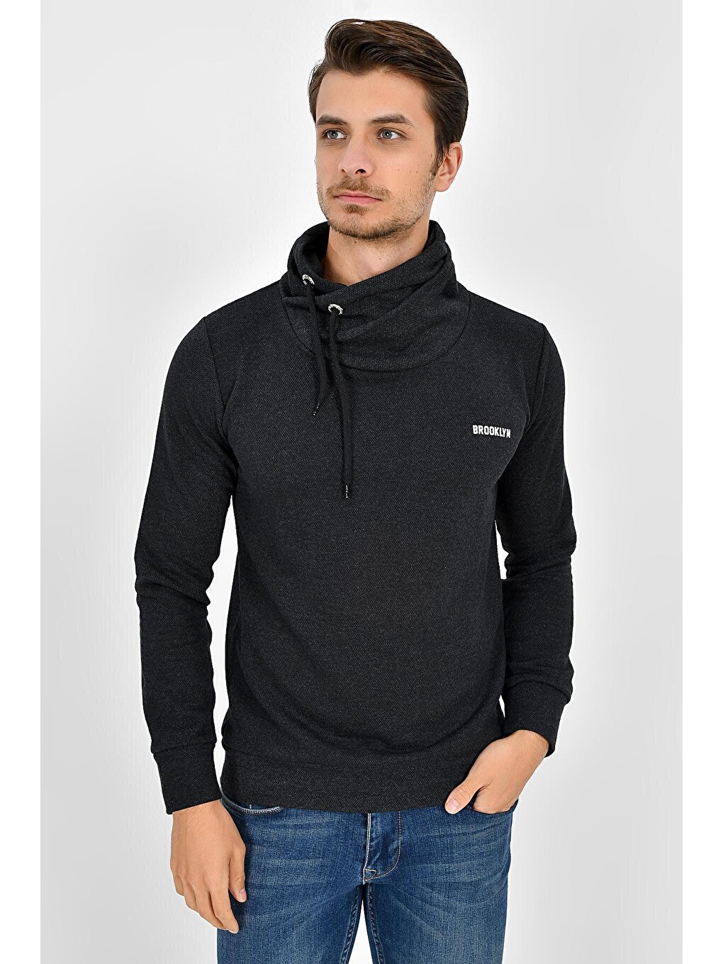 Antrasit Şal Yaka Uzun Kollu Dar Kalıp İnce Erkek Baskılı Sweatshirt Spr 2019k41