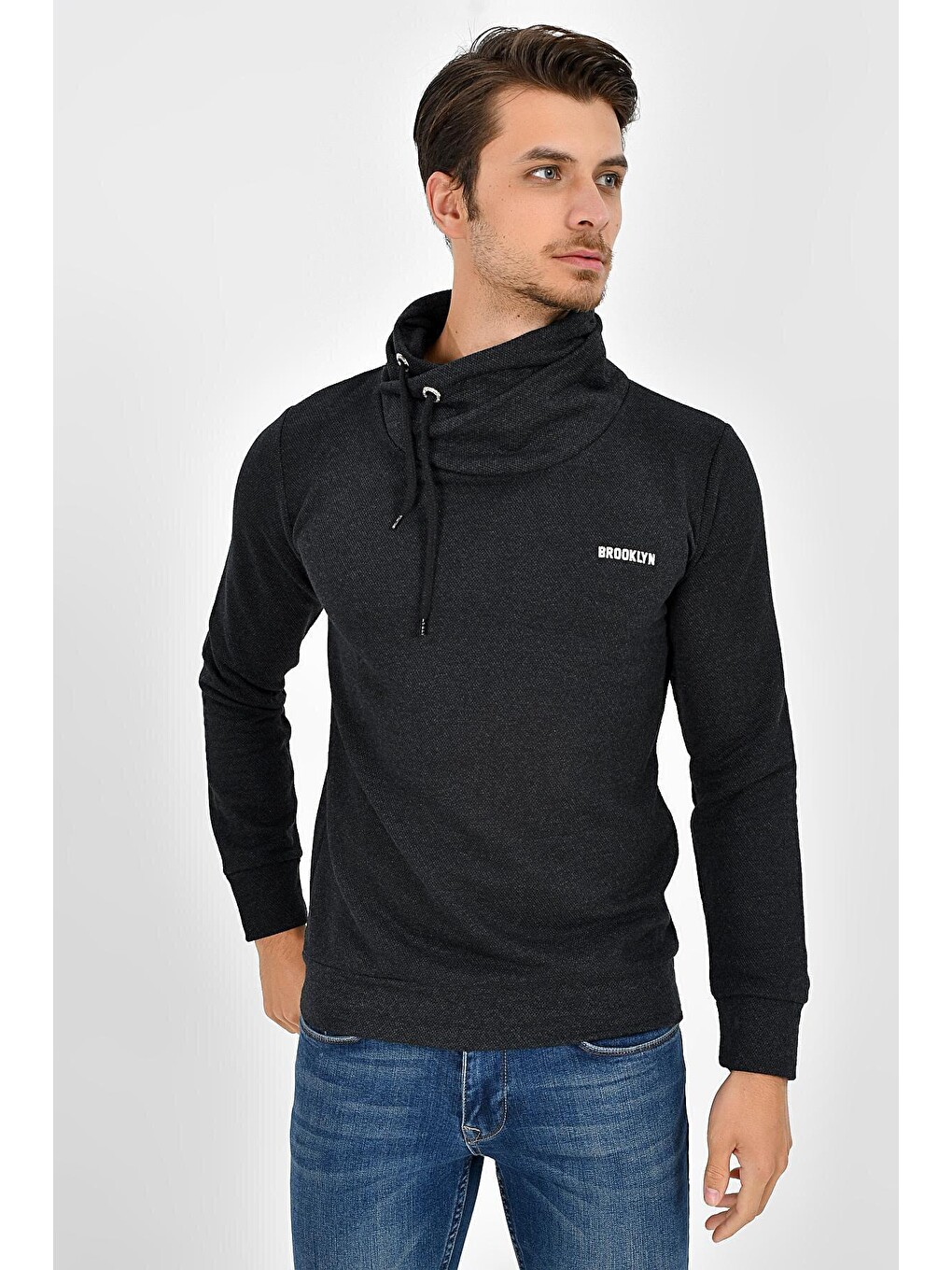 Antrasit Şal Yaka Uzun Kollu Dar Kalıp İnce Erkek Baskılı Sweatshirt Spr 2019k41-1