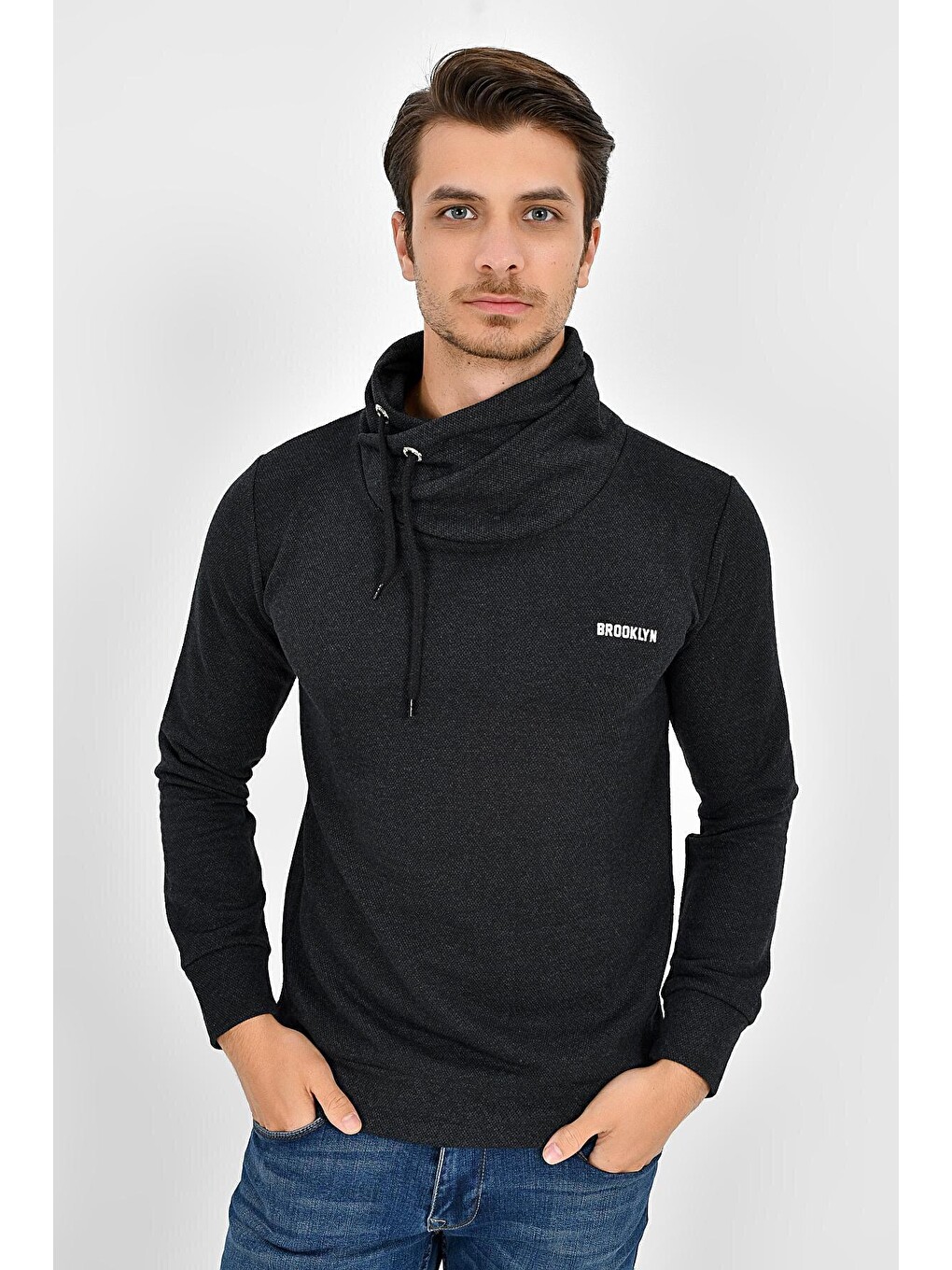 Antrasit Şal Yaka Uzun Kollu Dar Kalıp İnce Erkek Baskılı Sweatshirt Spr 2019k41-2