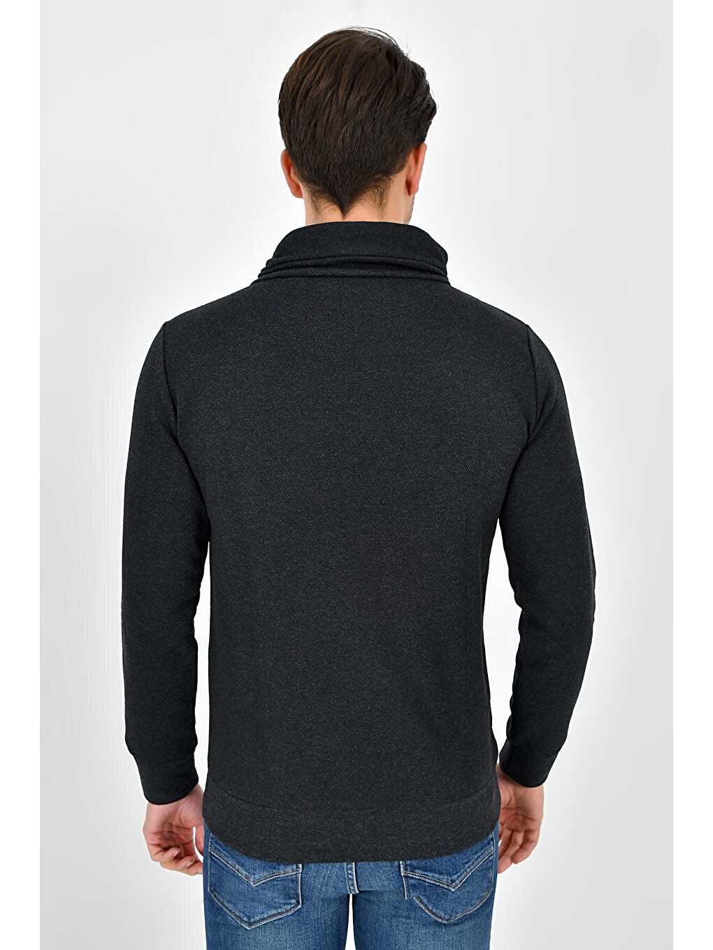 Antrasit Şal Yaka Uzun Kollu Dar Kalıp İnce Erkek Baskılı Sweatshirt Spr 2019k41-3