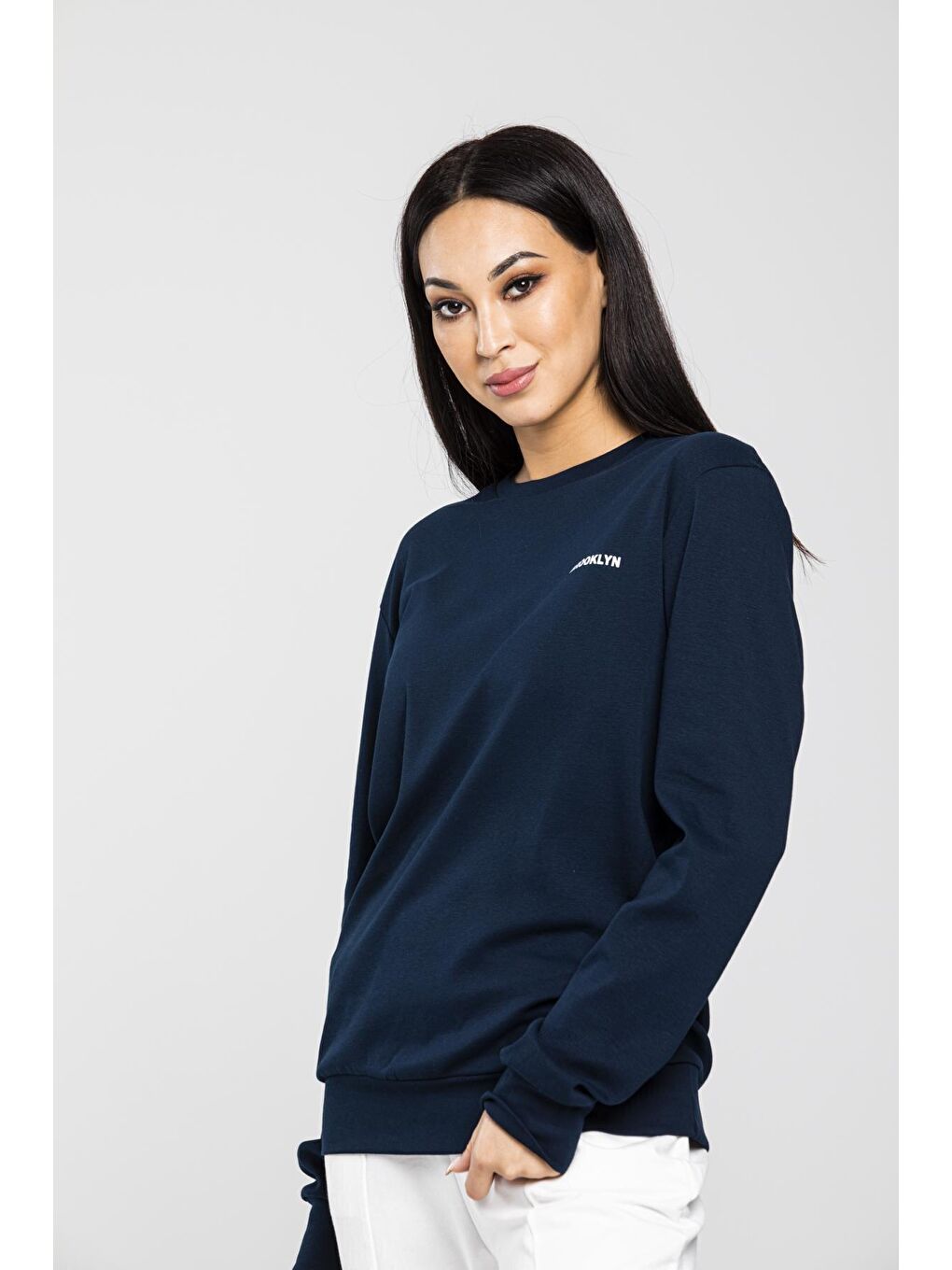 Süperlife Lacivert Bisiklet Yaka Uzun Kollu Dar Kalıp İnce Sweatshirt SPR21K18