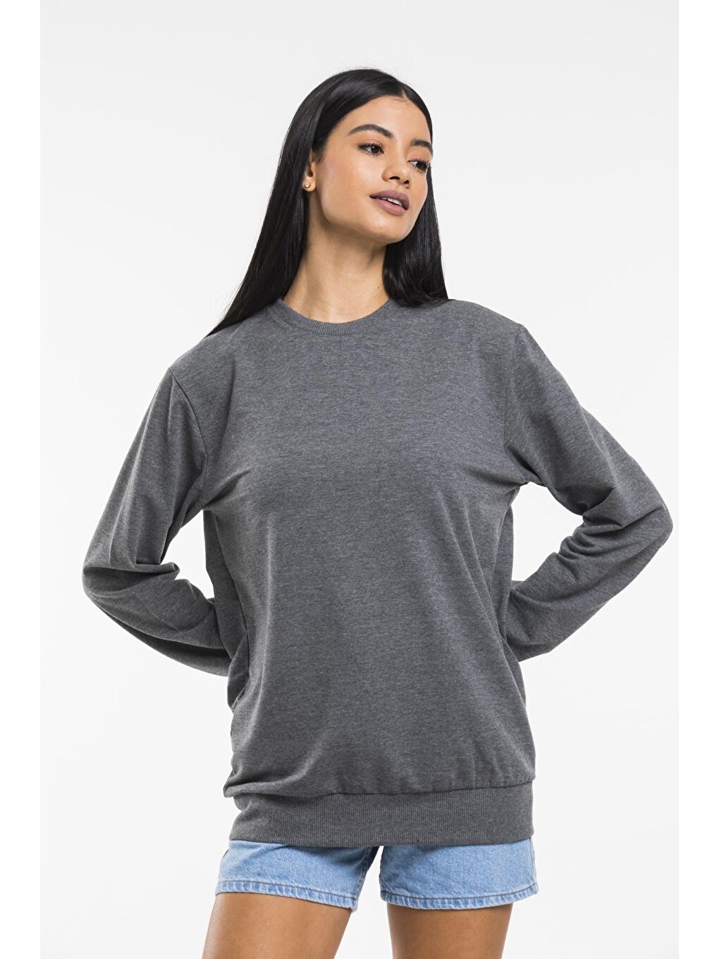 Süperlife Gri Kadın Bisiklet Yaka Oversize Fit İnce Sweatshirt SPR21K30