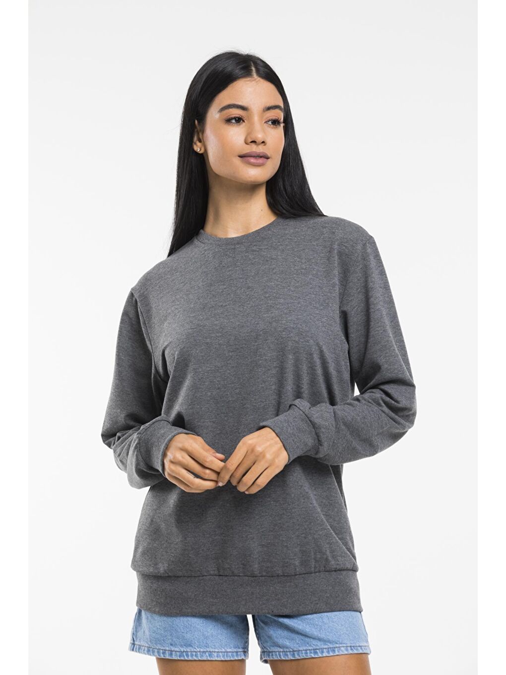 Süperlife Gri Kadın Bisiklet Yaka Oversize Fit İnce Sweatshirt SPR21K30 - 3