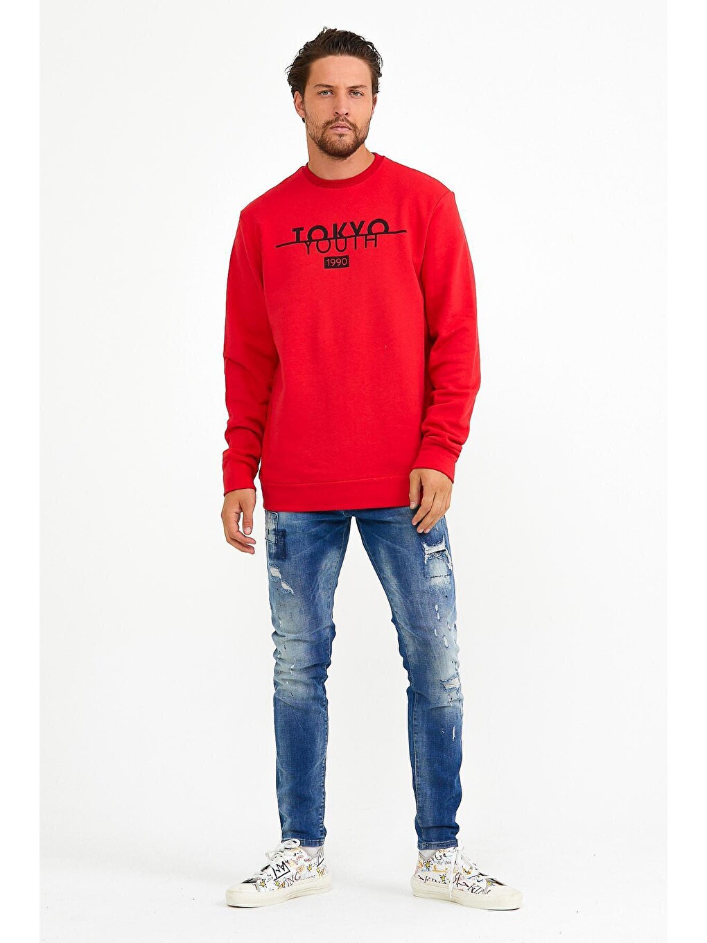 Kırmızı Erkek Bisiklet Yaka Regular Fit Tokyo Baskılı İnce Sweatshirt Spr22sw134