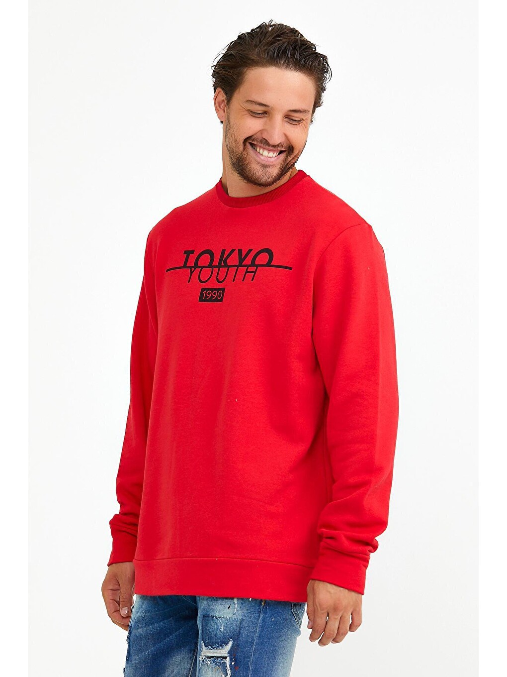 Kırmızı Erkek Bisiklet Yaka Regular Fit Tokyo Baskılı İnce Sweatshirt Spr22sw134-1