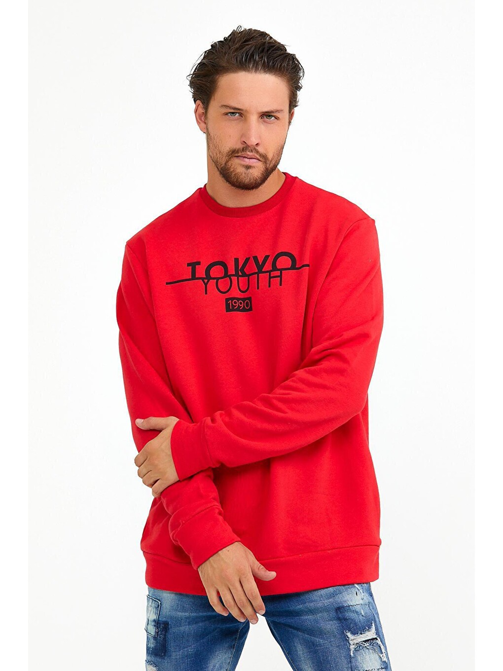 Kırmızı Erkek Bisiklet Yaka Regular Fit Tokyo Baskılı İnce Sweatshirt Spr22sw134-2