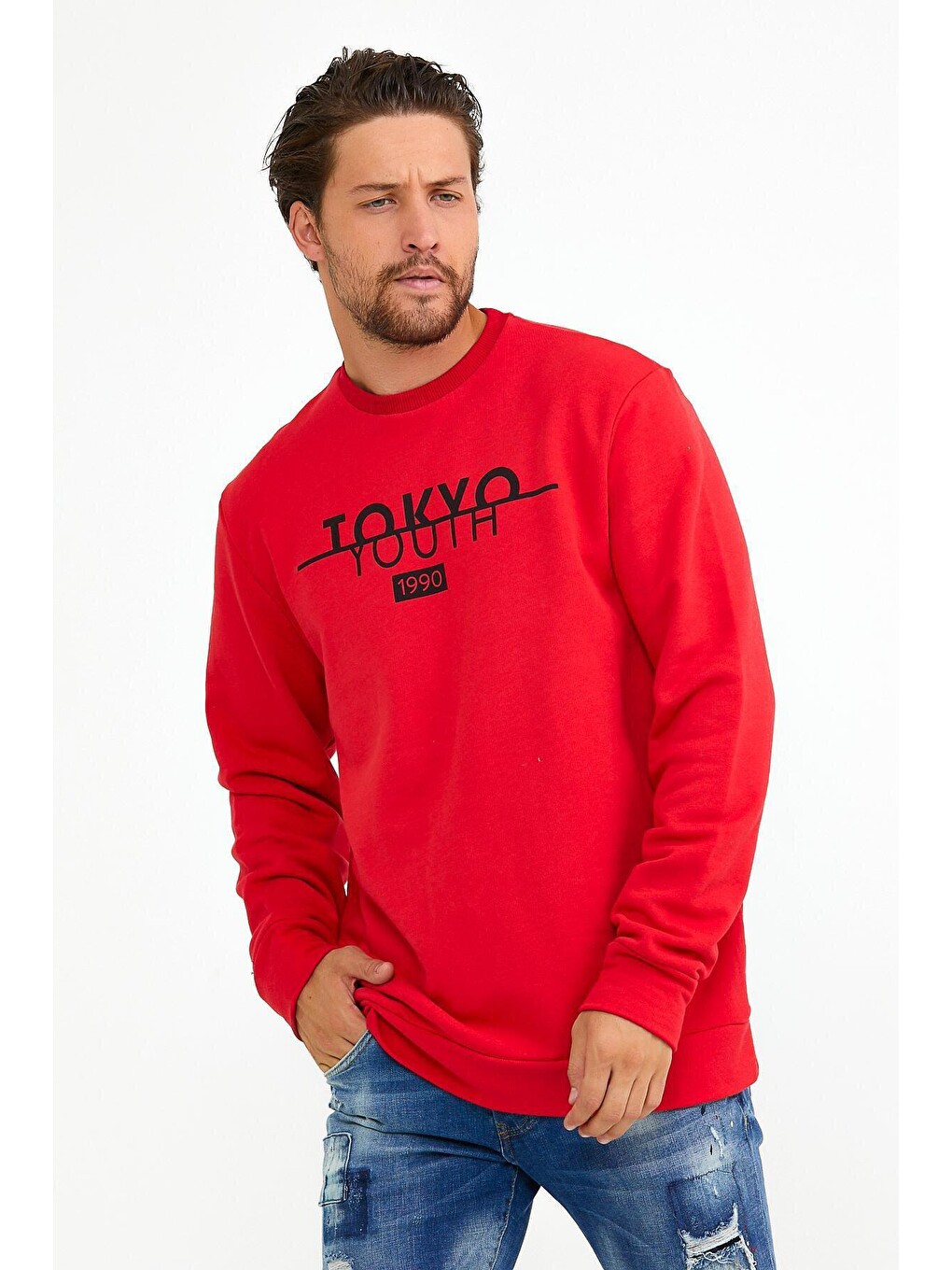 Kırmızı Erkek Bisiklet Yaka Regular Fit Tokyo Baskılı İnce Sweatshirt Spr22sw134-3