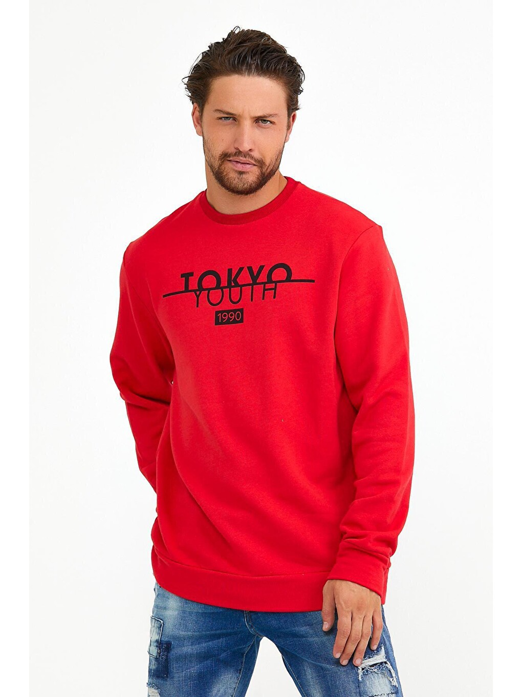 Kırmızı Erkek Bisiklet Yaka Regular Fit Tokyo Baskılı İnce Sweatshirt Spr22sw134-4