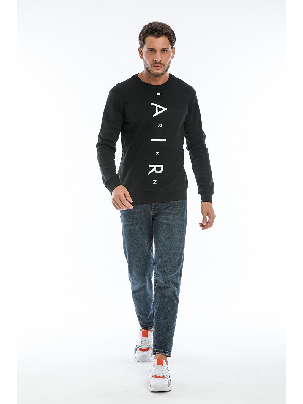 Süperlife Siyah Erkek Bisiklet Yaka Slim fit Air Baskılı İnce Sweatshirt SPR22sw101