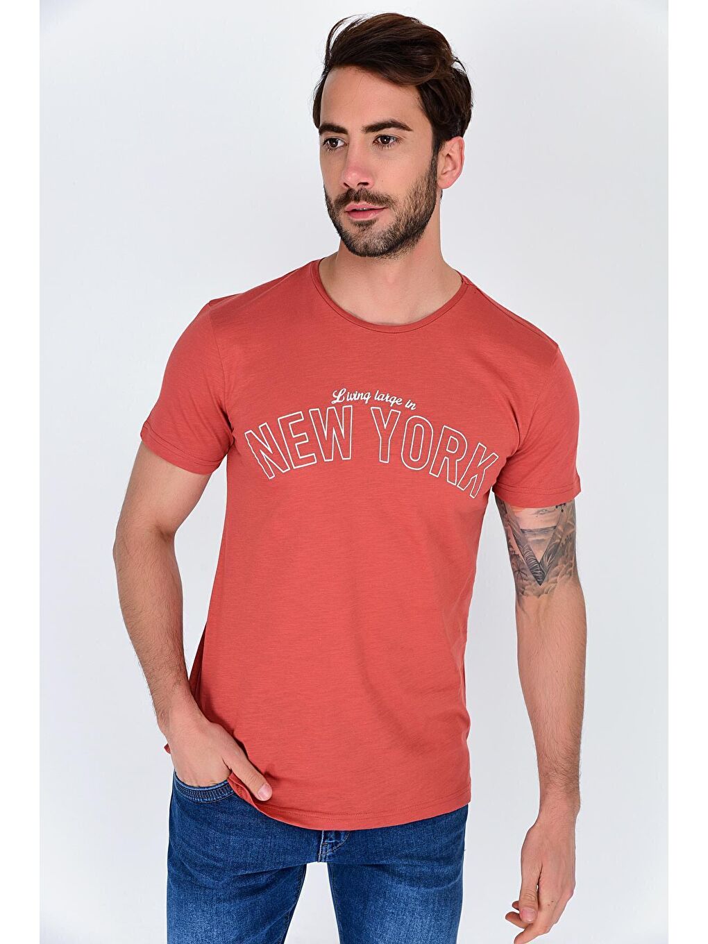 Kahverengi Erkek Bisiklet Yaka Dar Kalıp Baskılı Tişort SPR 254