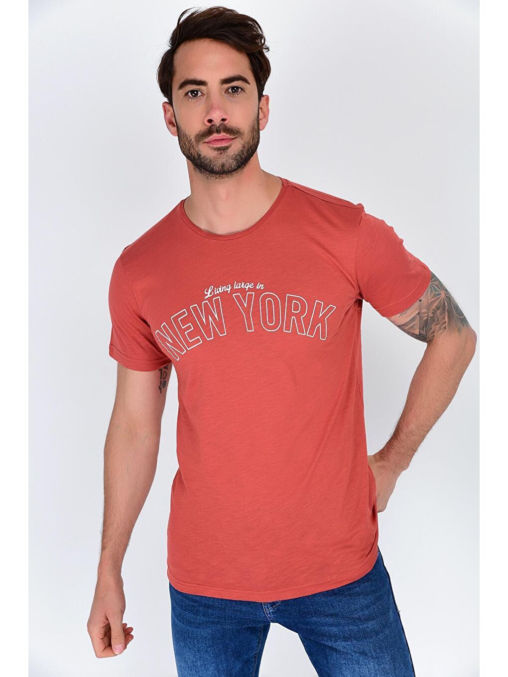 Kahverengi Erkek Bisiklet Yaka Dar Kalıp Baskılı Tişort SPR 254-1