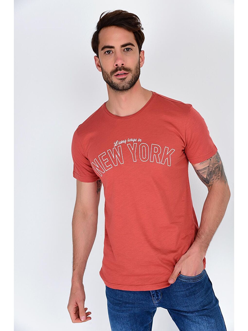 Kahverengi Erkek Bisiklet Yaka Dar Kalıp Baskılı Tişort SPR 254-2