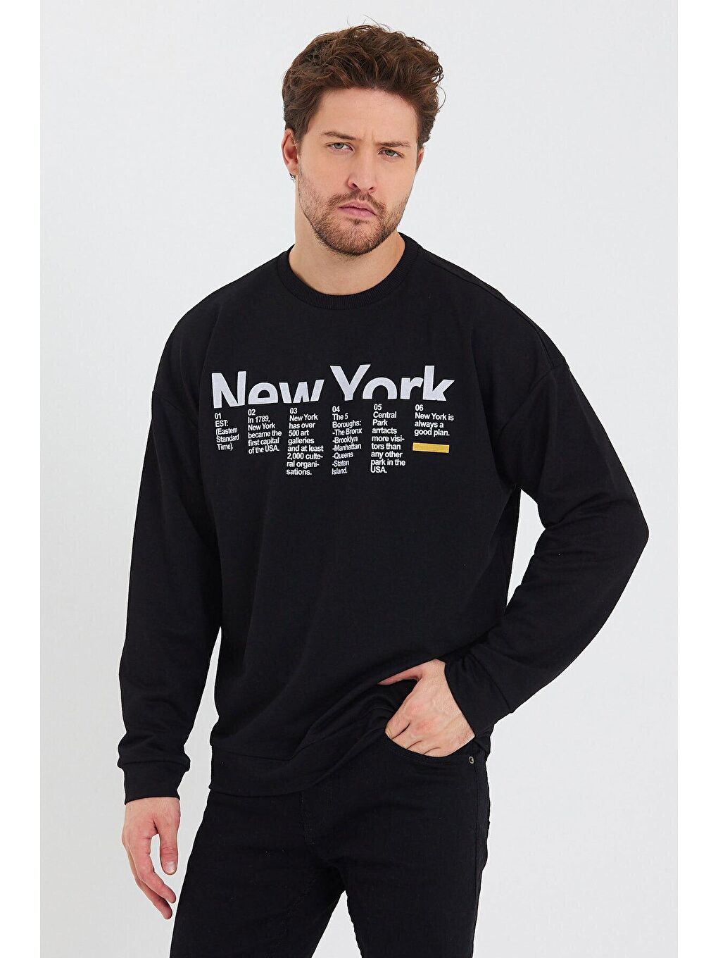 Siyah Erkek Bisiklet Yaka Oversize Fit Newyork Baskılı İnce Sweatshirt SPR23SW332