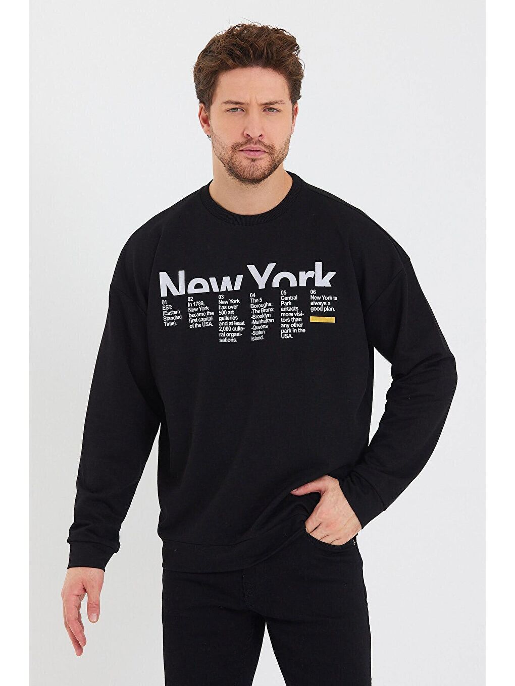 Siyah Erkek Bisiklet Yaka Oversize Fit Newyork Baskılı İnce Sweatshirt SPR23SW332-1