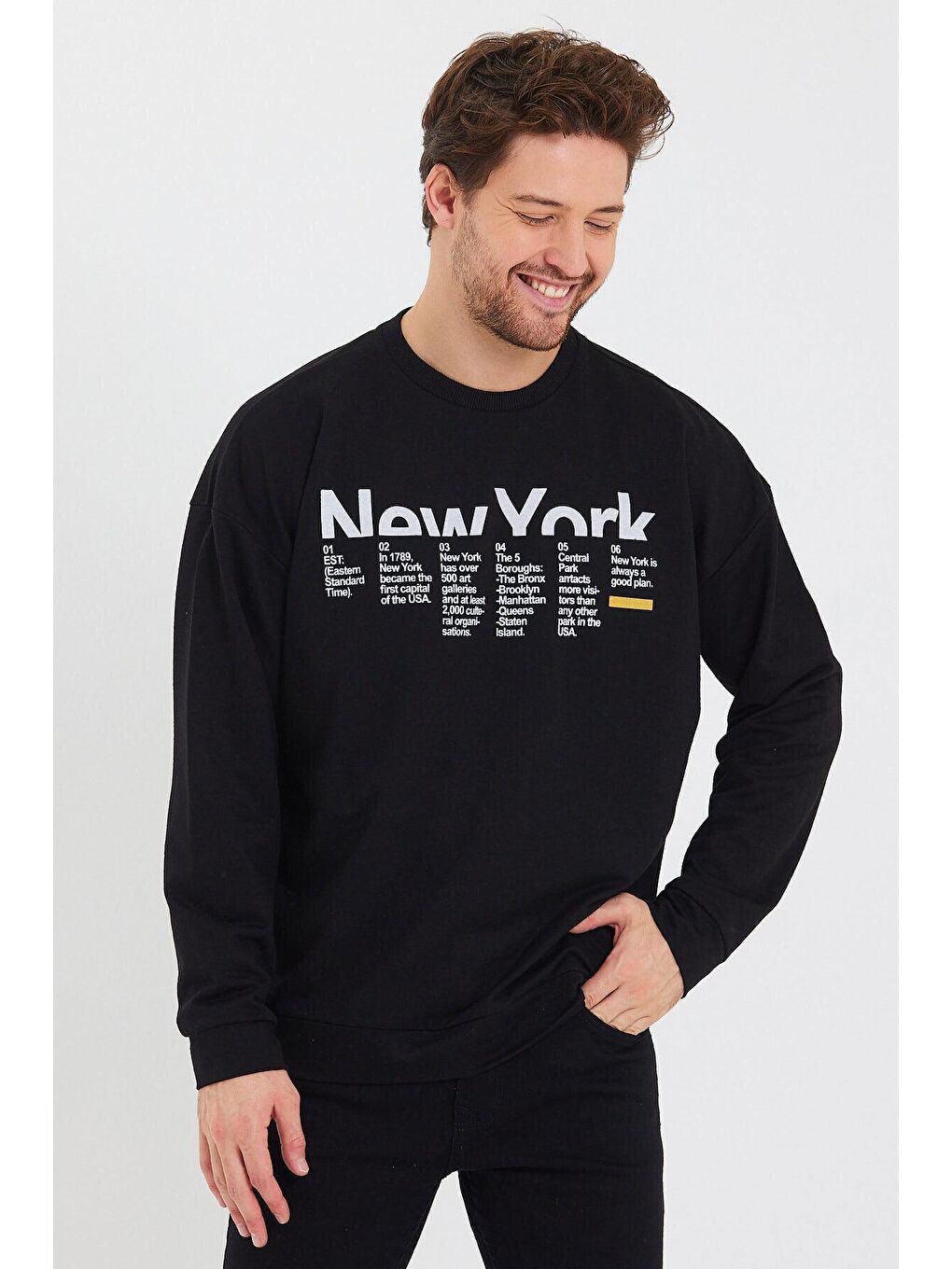 Siyah Erkek Bisiklet Yaka Oversize Fit Newyork Baskılı İnce Sweatshirt SPR23SW332-2