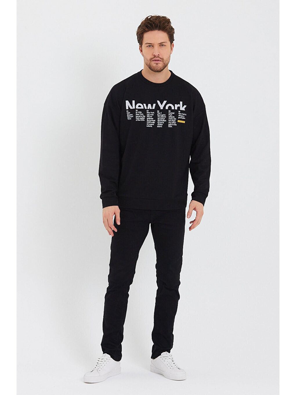 Siyah Erkek Bisiklet Yaka Oversize Fit Newyork Baskılı İnce Sweatshirt SPR23SW332-3