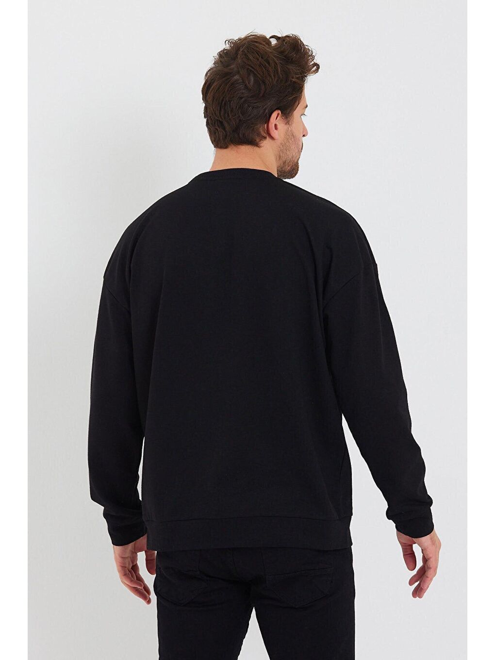 Siyah Erkek Bisiklet Yaka Oversize Fit Newyork Baskılı İnce Sweatshirt SPR23SW332-4