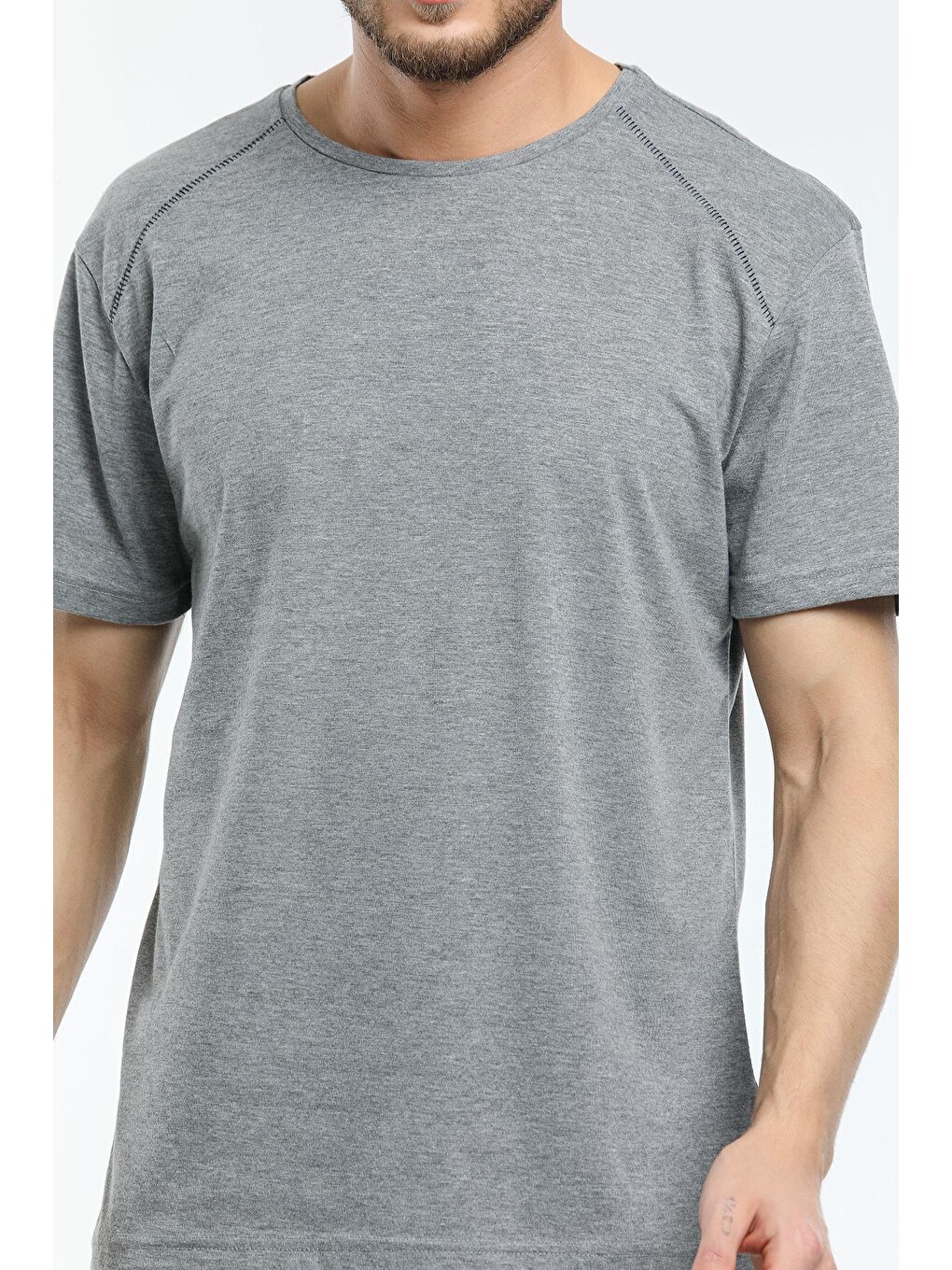 Gri Erkek Bisiklet Yaka Slim Fit Garnili Tişort Spr21y02-1