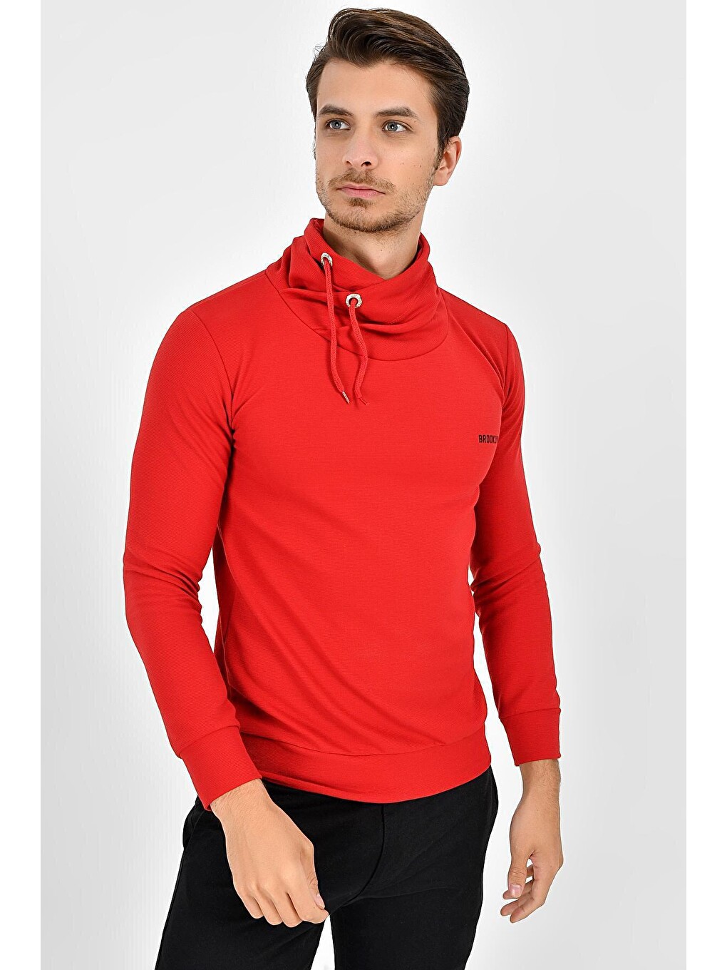 Kırmızı Şal Yaka Uzun Kollu Dar Kalıp İnce Erkek Baskılı Sweatshirt Spr 2019k41