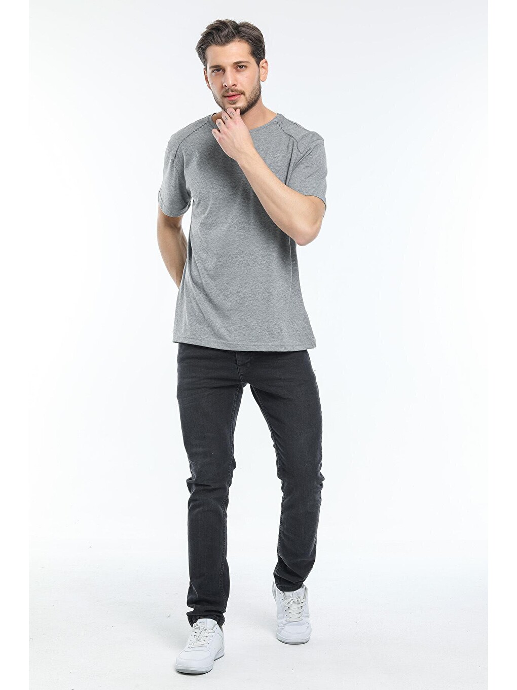 Gri Erkek Bisiklet Yaka Slim Fit Garnili Tişort Spr21y02-2