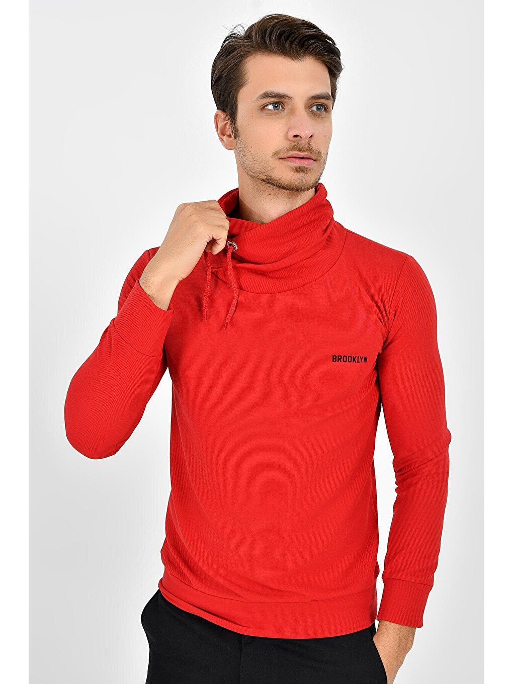Kırmızı Şal Yaka Uzun Kollu Dar Kalıp İnce Erkek Baskılı Sweatshirt Spr 2019k41-1