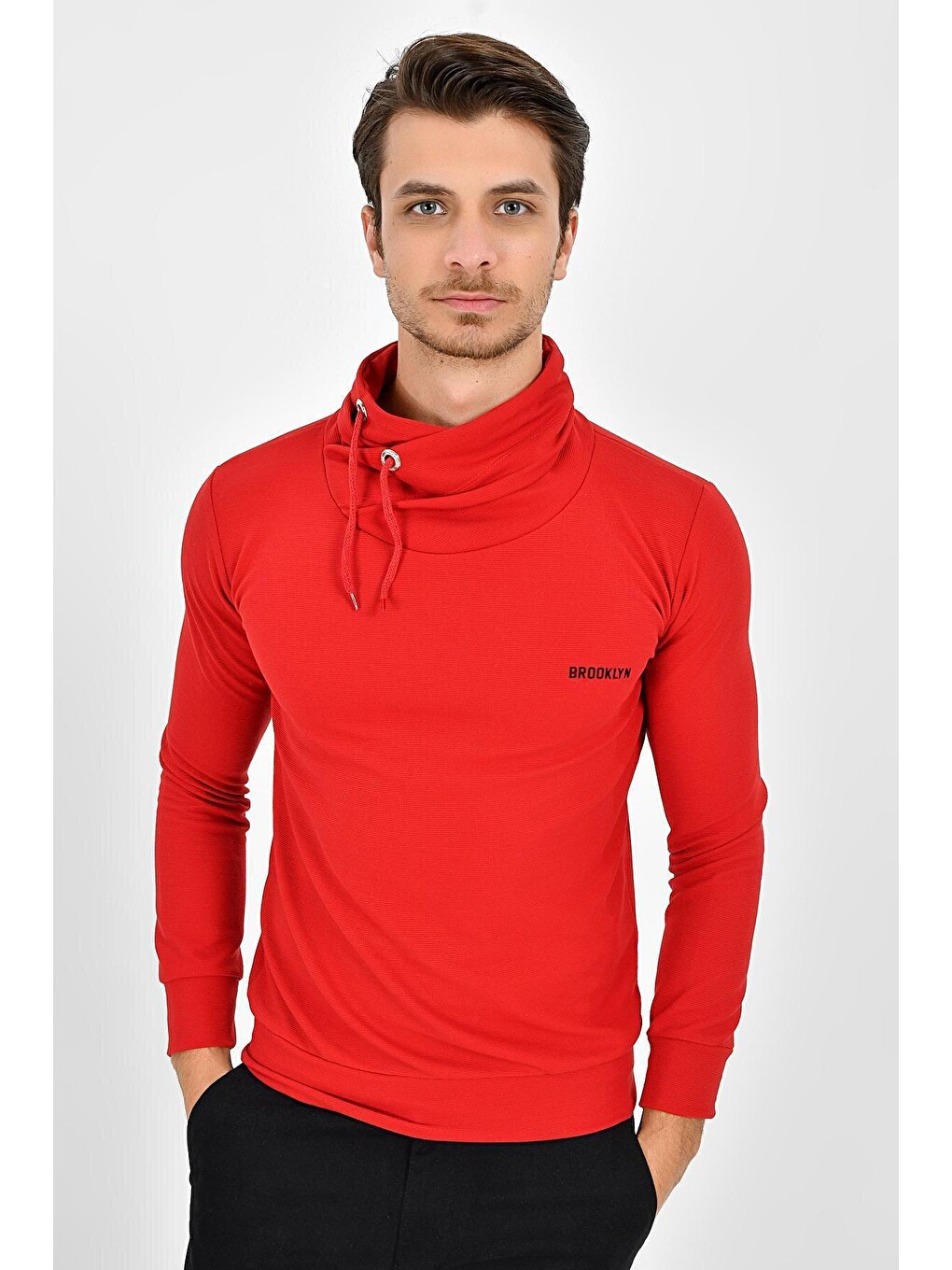 Kırmızı Şal Yaka Uzun Kollu Dar Kalıp İnce Erkek Baskılı Sweatshirt Spr 2019k41-2