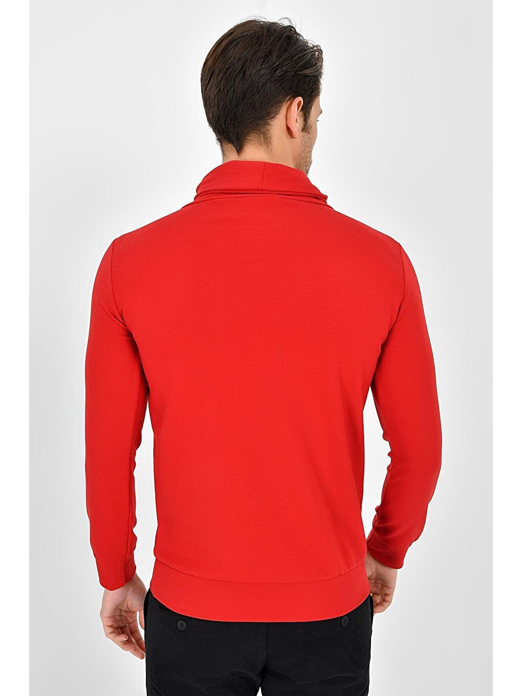 Kırmızı Şal Yaka Uzun Kollu Dar Kalıp İnce Erkek Baskılı Sweatshirt Spr 2019k41-3