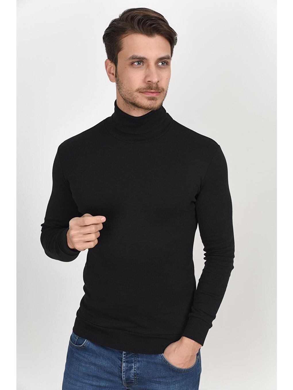 Siyah Balıkcı Yaka Uzun Kollu Dar Kalıp İnce Erkek Sweatshirt SPR 2019K21-1