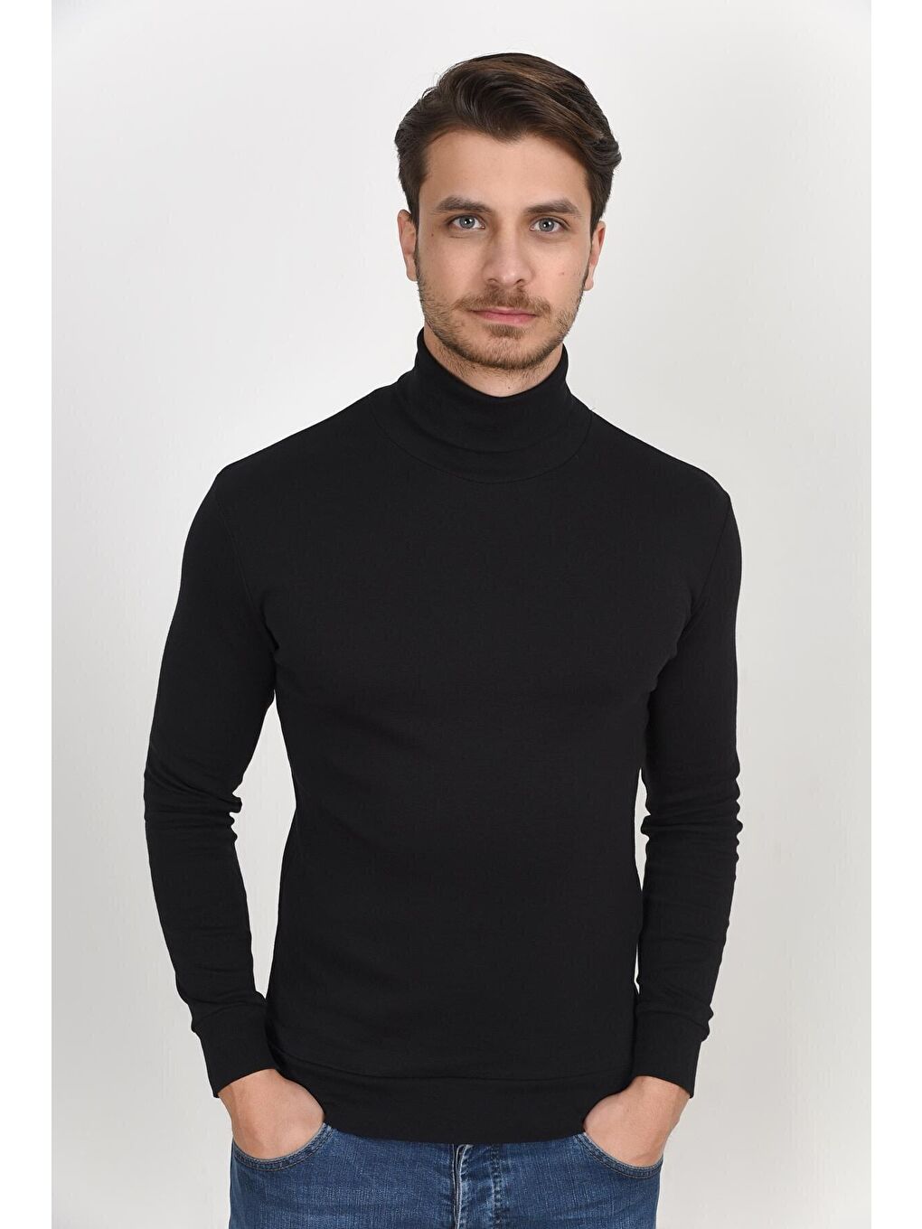 Siyah Balıkcı Yaka Uzun Kollu Dar Kalıp İnce Erkek Sweatshirt SPR 2019K21-2