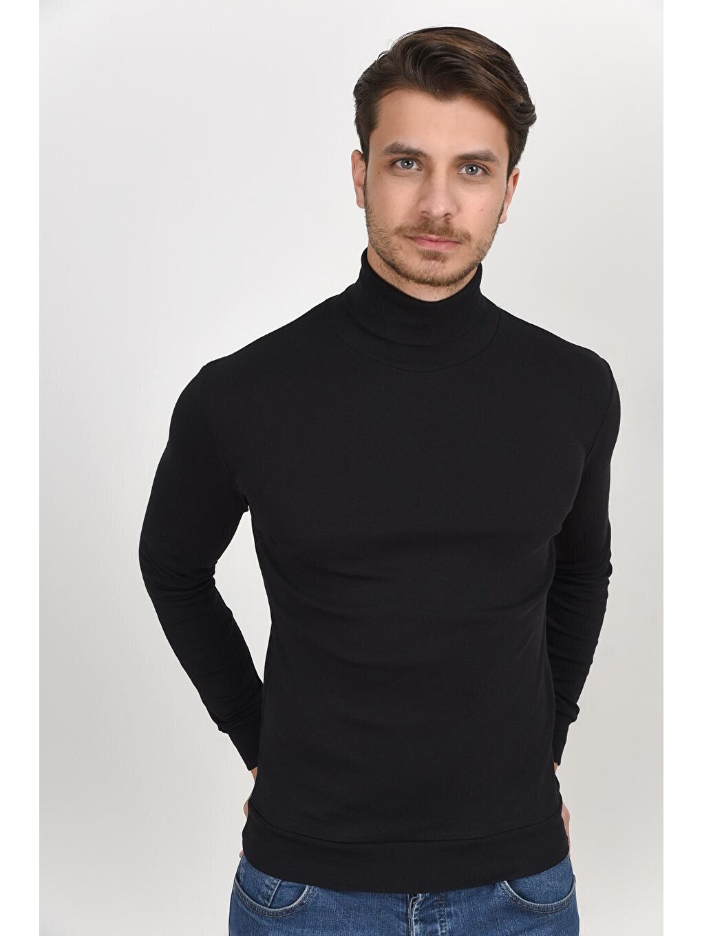 Siyah Balıkcı Yaka Uzun Kollu Dar Kalıp İnce Erkek Sweatshirt SPR 2019K21-3