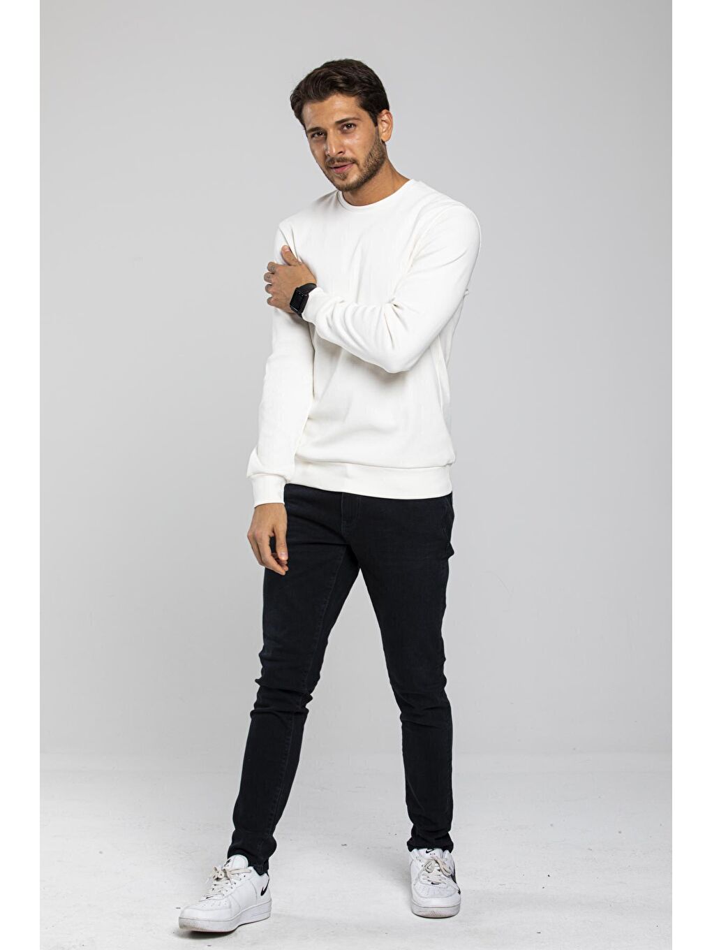 Süperlife Ekru Erkek Bisiklet Yaka Slim Fit İnce Sweatshirt SPR 20K17