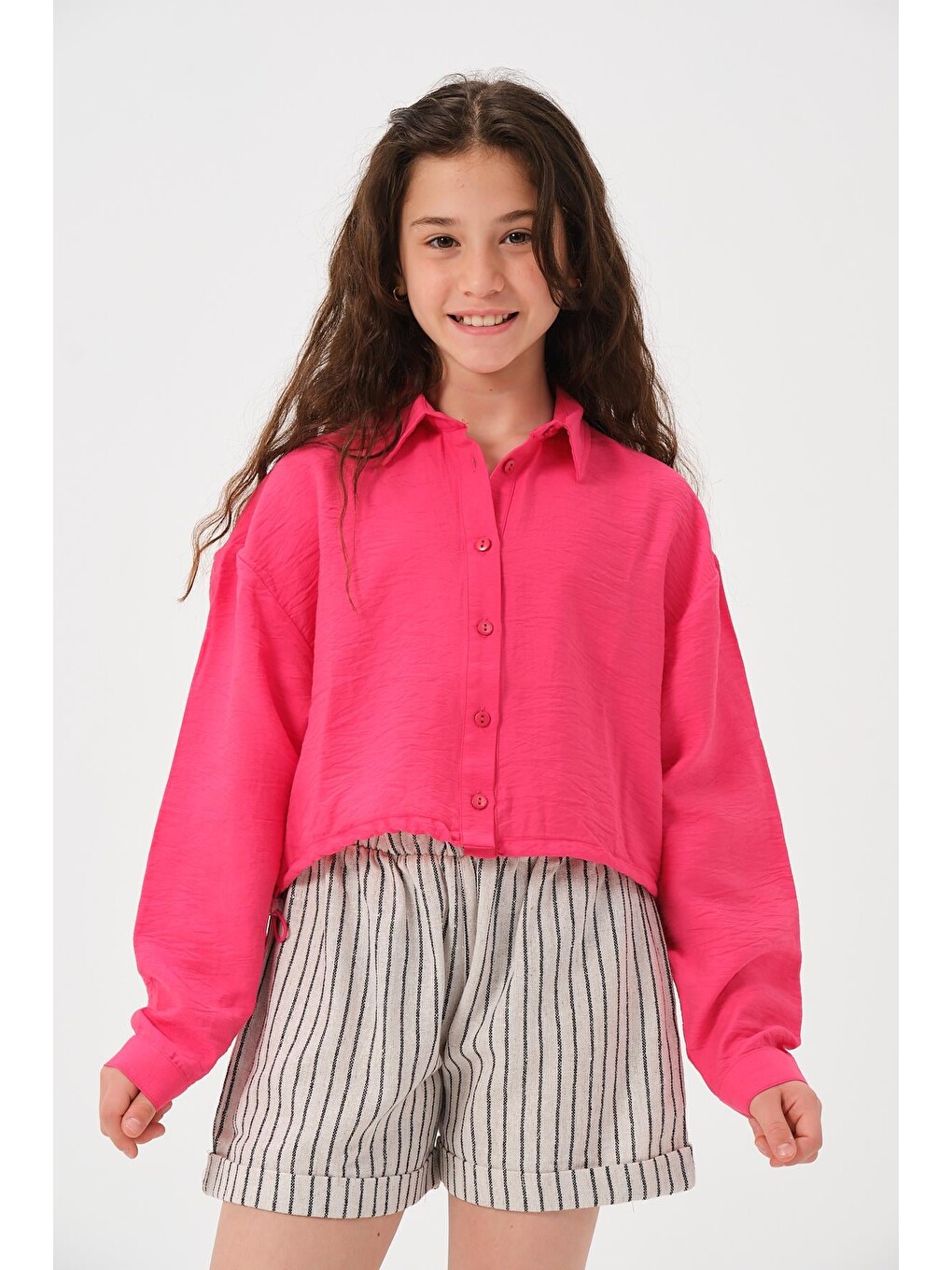 Fuşya Genç Kız Çocuk Uzun Kollu Crop Gömlek