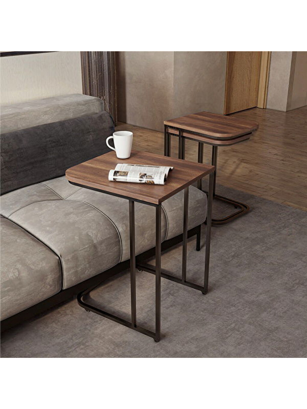 Kahverengi Metal Ayaklı Tekerlekli C Zigon Sehpa - Barok Ceviz - 62x48x41 Cm-6