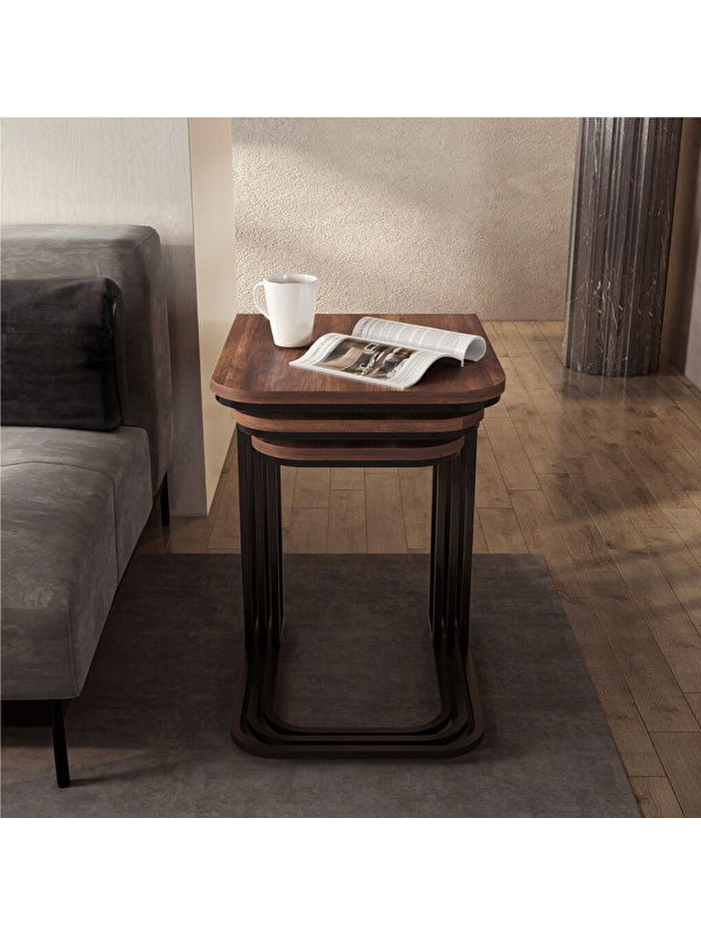 Kahverengi Metal Ayaklı Tekerlekli C Zigon Sehpa - Barok Ceviz - 62x48x41 Cm-8