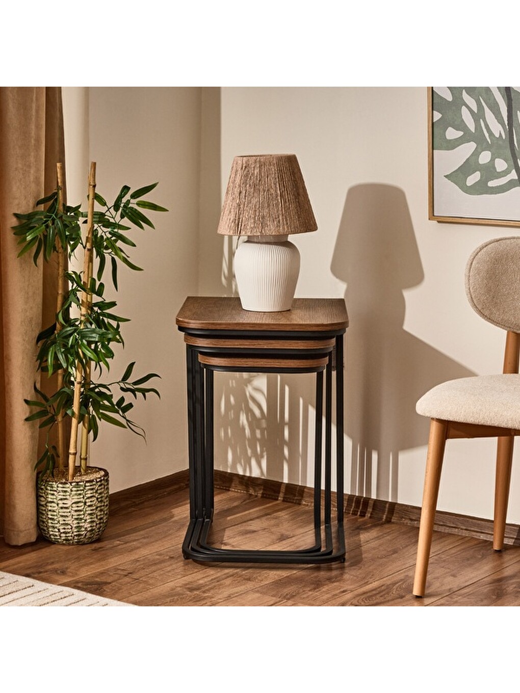 Kahverengi Metal Ayaklı Tekerlekli C Zigon Sehpa - Barok Ceviz - 62x48x41 Cm-3