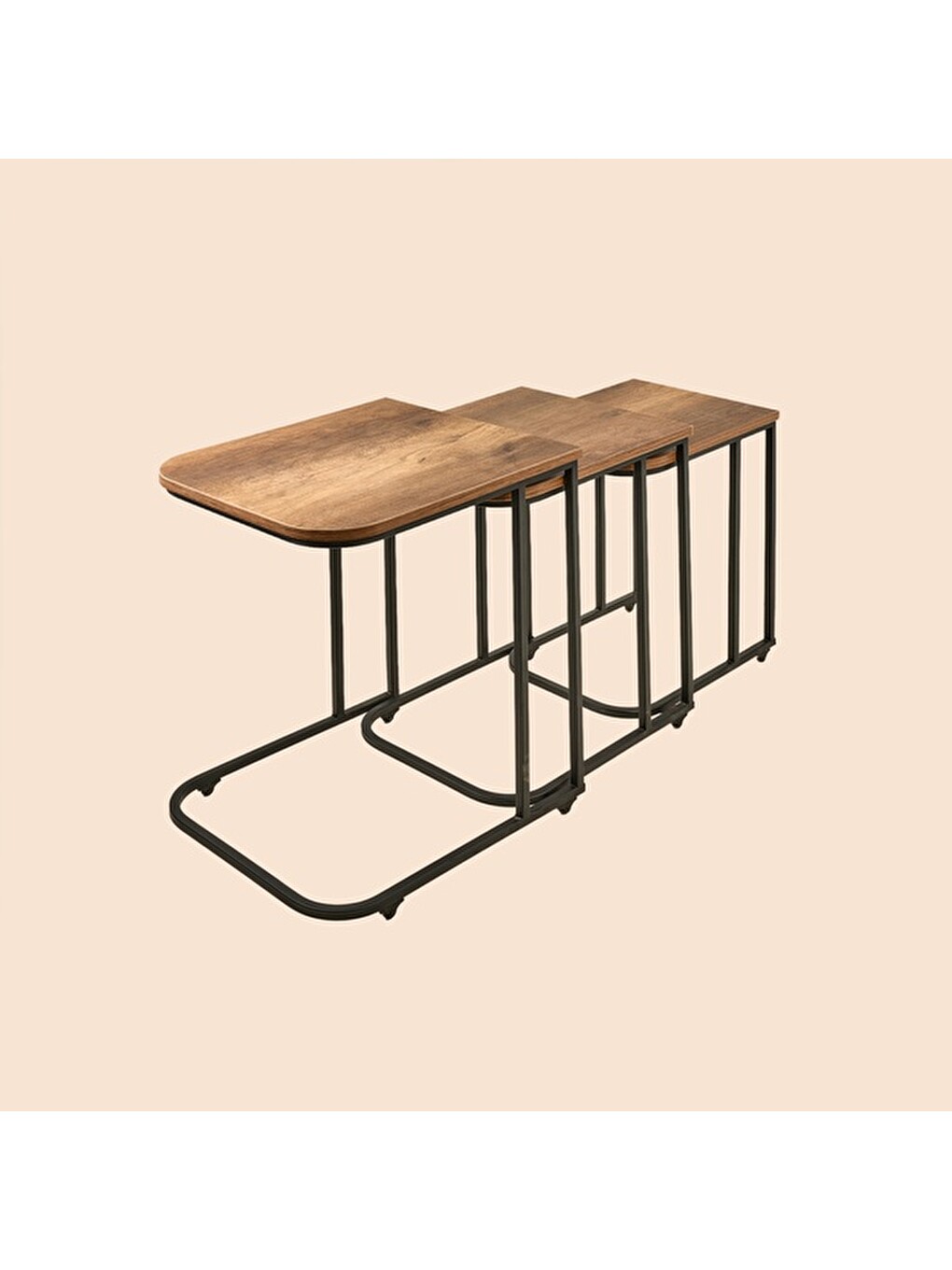Kahverengi Metal Ayaklı Tekerlekli C Zigon Sehpa - Barok Ceviz - 62x48x41 Cm-5