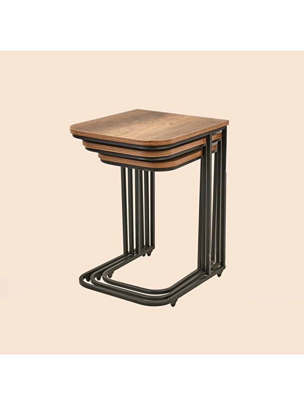 Kahverengi Metal Ayaklı Tekerlekli C Zigon Sehpa - Barok Ceviz - 62x48x41 Cm-11