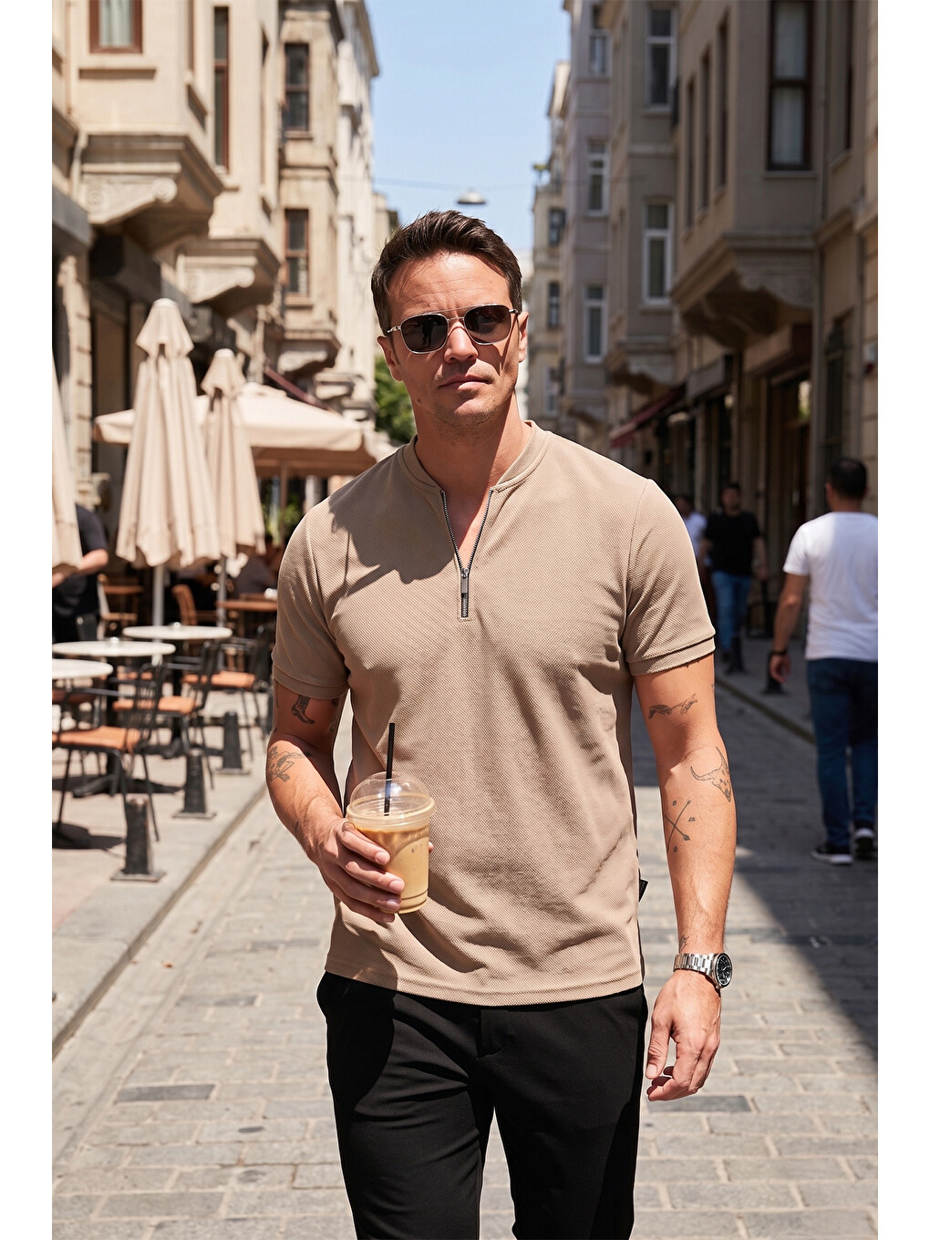 Bej Pamuklu Regular Fit Yarım Fermuarlı Erkek %100 Pamuk Tişört 5902653