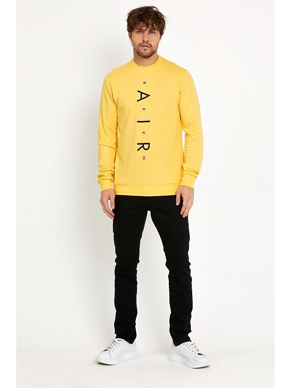 Süperlife Sarı Erkek Bisiklet Yaka Slim fit Air Baskılı İnce Sweatshirt SPR22sw101