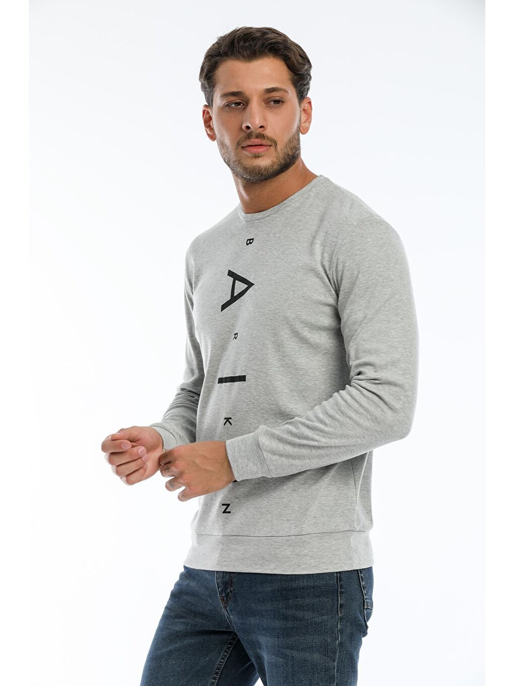 Süperlife Açık Gri Erkek Bisiklet Yaka Slim fit Air Baskılı İnce Sweatshirt SPR22sw101 - 3