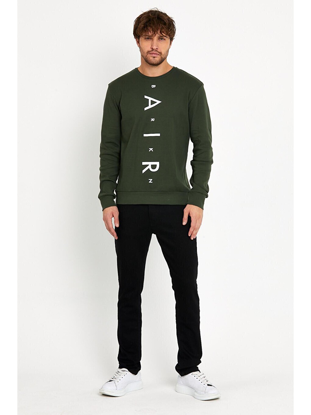 Haki Erkek Bisiklet Yaka Slim Fit Air Baskılı İnce Sweatshirt Spr22sw101