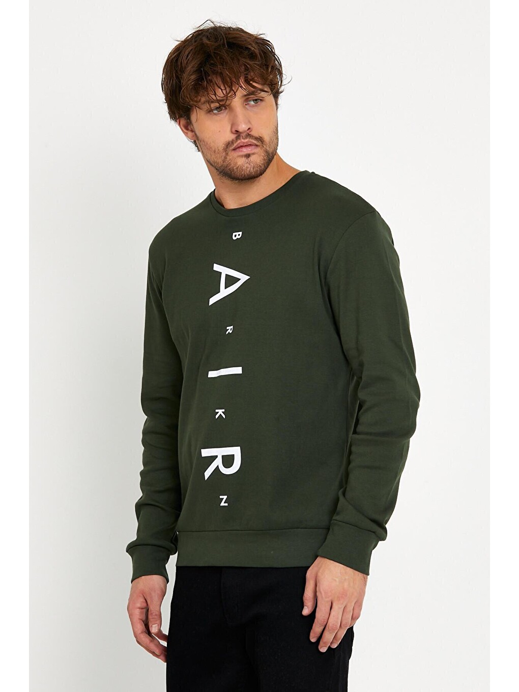 Haki Erkek Bisiklet Yaka Slim Fit Air Baskılı İnce Sweatshirt Spr22sw101-1