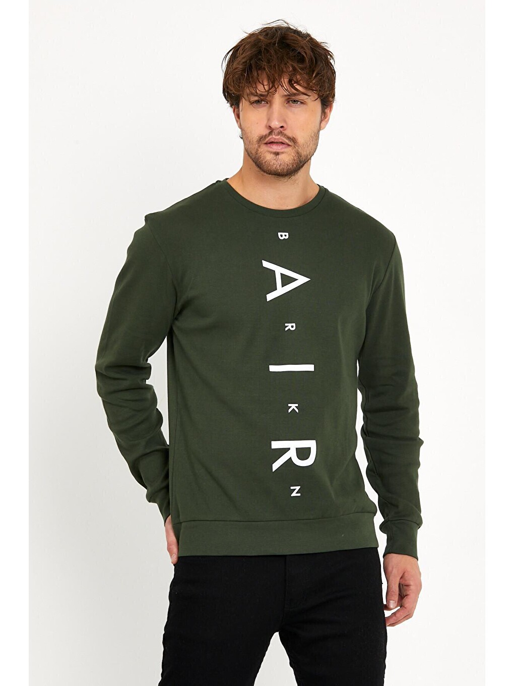 Haki Erkek Bisiklet Yaka Slim Fit Air Baskılı İnce Sweatshirt Spr22sw101-2