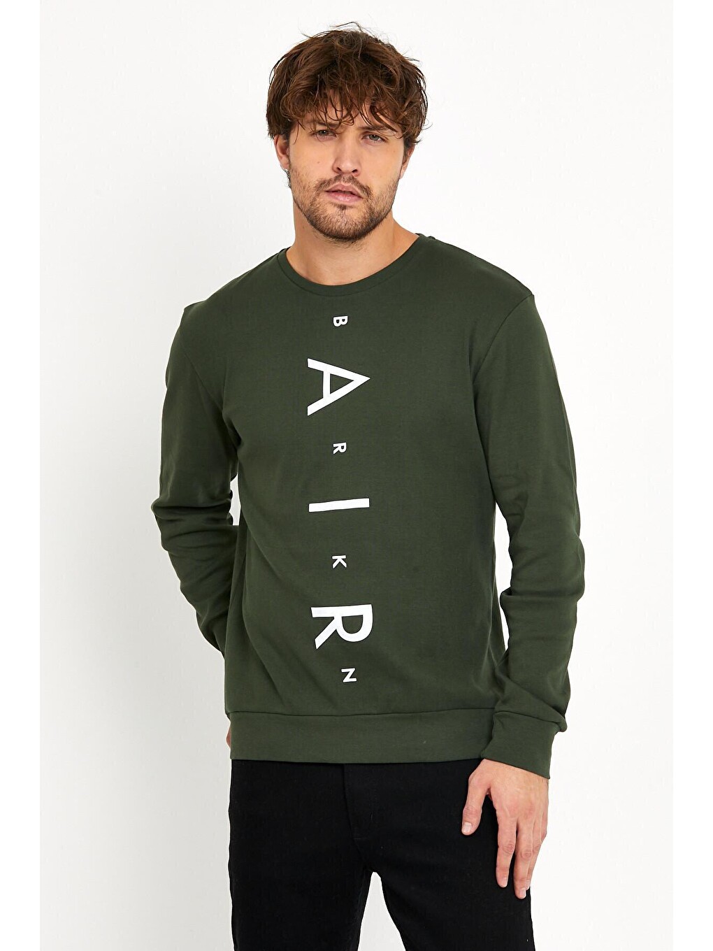 Haki Erkek Bisiklet Yaka Slim Fit Air Baskılı İnce Sweatshirt Spr22sw101-4
