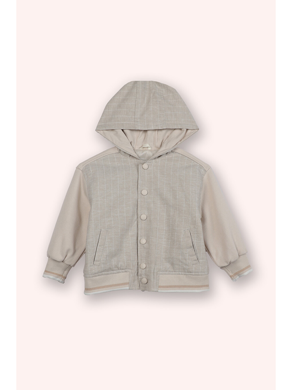 Erkek Bebek Çizgili Kapüşonlu Çıtçıt Düğmeli Bej Sweatshirt