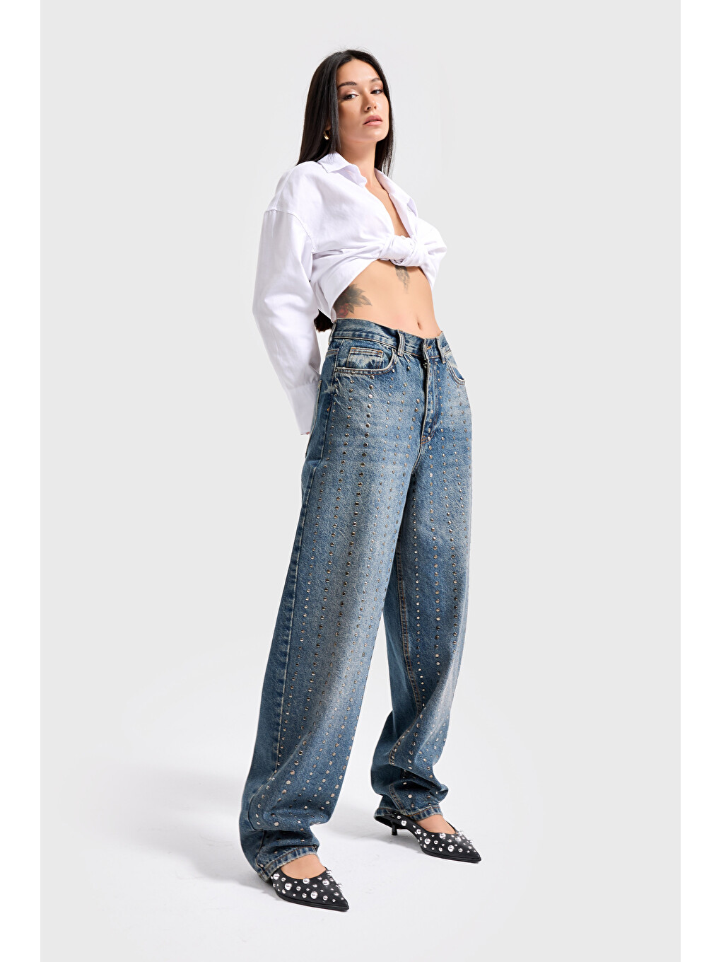 Mavi Taş Detaylı Skater Fit Tasarım Denim Jean-1